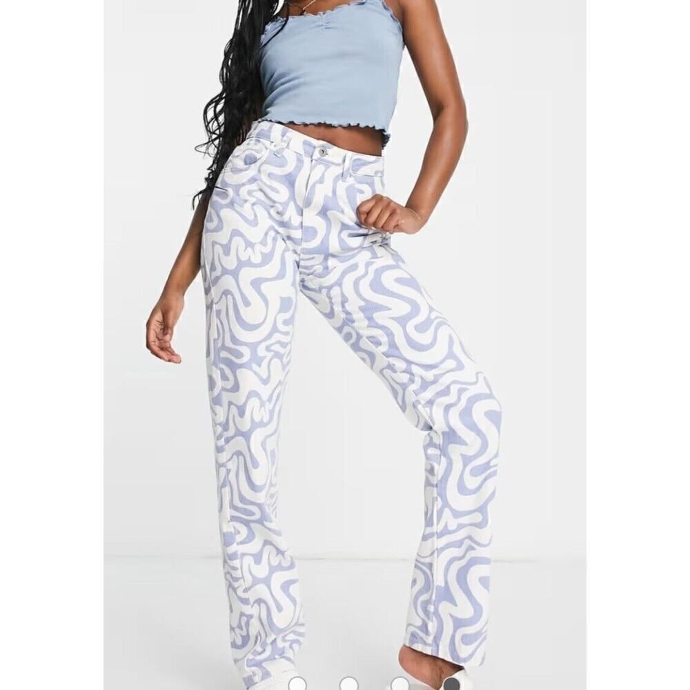 Cotton On Blue Swirl Mom Jeans Women's Blue/White Denim, NWT Festival Artsy | 14